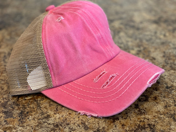 C.C Distressed Denim Criss Cross High Pony Hat - Ruby Rebellion