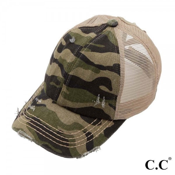 C.C Distressed Denim Criss Cross High Pony Hat - Ruby Rebellion