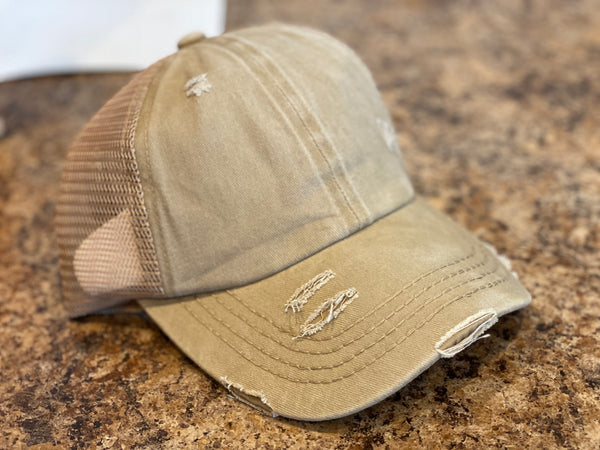 C.C Distressed Denim Criss Cross High Pony Hat - Ruby Rebellion