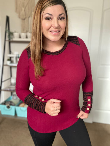 Burgundy Brushed Knit Top With Striped Back - Ruby Rebellion