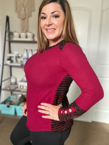 Burgundy Brushed Knit Top With Striped Back - Ruby Rebellion