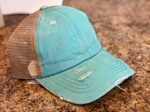 C.C Distressed Denim Criss Cross High Pony Hat - Ruby Rebellion