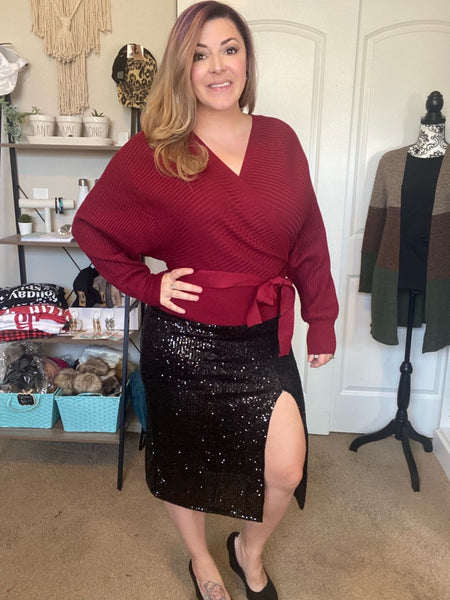 Black Sequin Split Thigh Midi Skirt - Ruby Rebellion