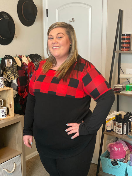 Buffalo Plaid Color Block Long Sleeve Top - Ruby Rebellion