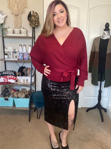 Black Sequin Split Thigh Midi Skirt - Ruby Rebellion