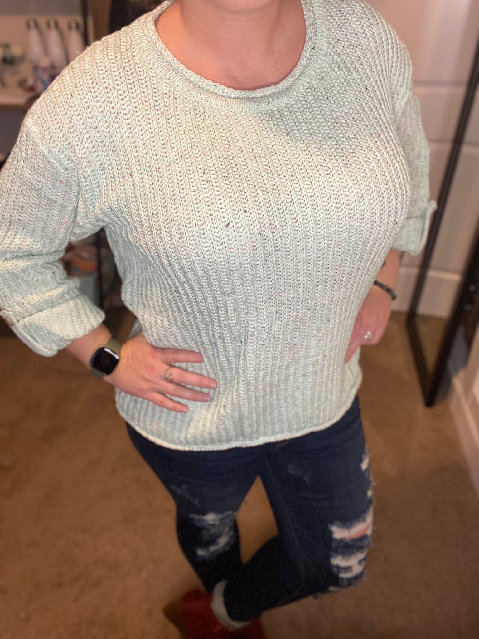 Mint Confetti 3/4 Roll Up Sleeve Sweater