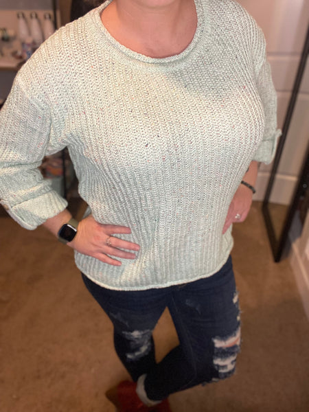 Mint Confetti 3/4 Roll Up Sleeve Sweater