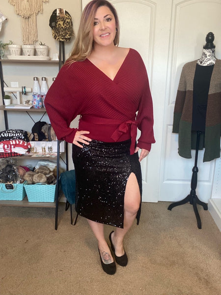 Black Sequin Split Thigh Midi Skirt - Ruby Rebellion