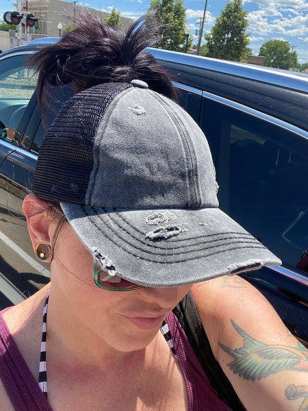 C.C Distressed Denim Criss Cross High Pony Hat - Ruby Rebellion