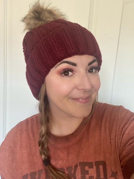 Chunky Knit Lined C.C Beanie with Pom - Ruby Rebellion