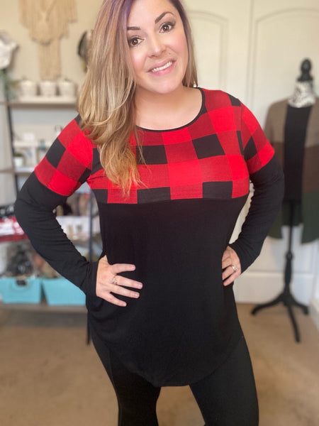 Buffalo Plaid Color Block Long Sleeve Top - Ruby Rebellion