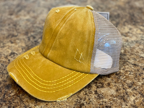 C.C Distressed Denim Criss Cross High Pony Hat - Ruby Rebellion