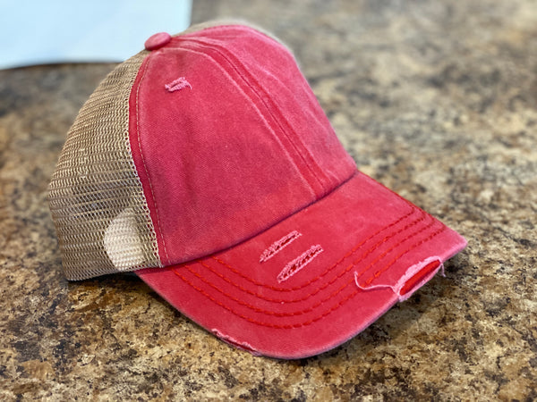 C.C Distressed Denim Criss Cross High Pony Hat - Ruby Rebellion