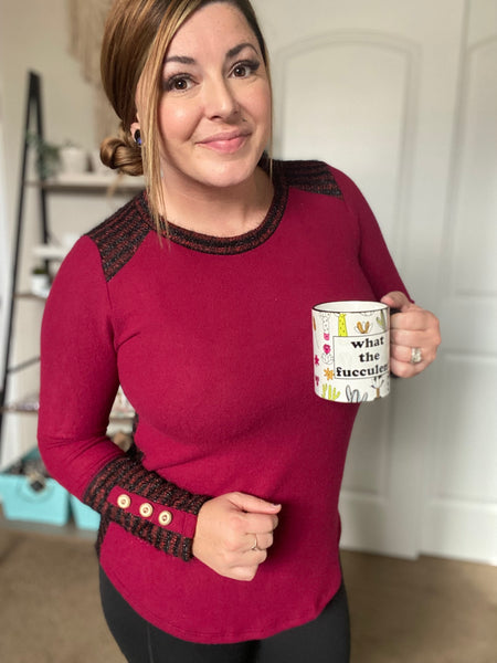 Burgundy Brushed Knit Top With Striped Back - Ruby Rebellion