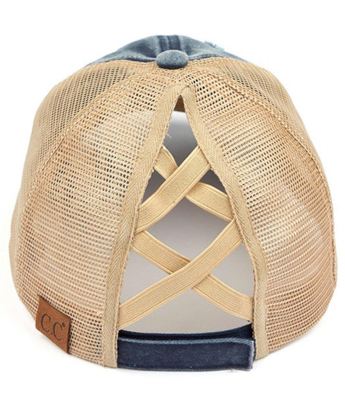 C.C Distressed Denim Criss Cross High Pony Hat - Ruby Rebellion