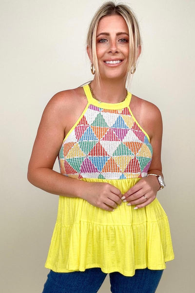 Mellow Yellow Geometric Waffle Knit Babydoll Top