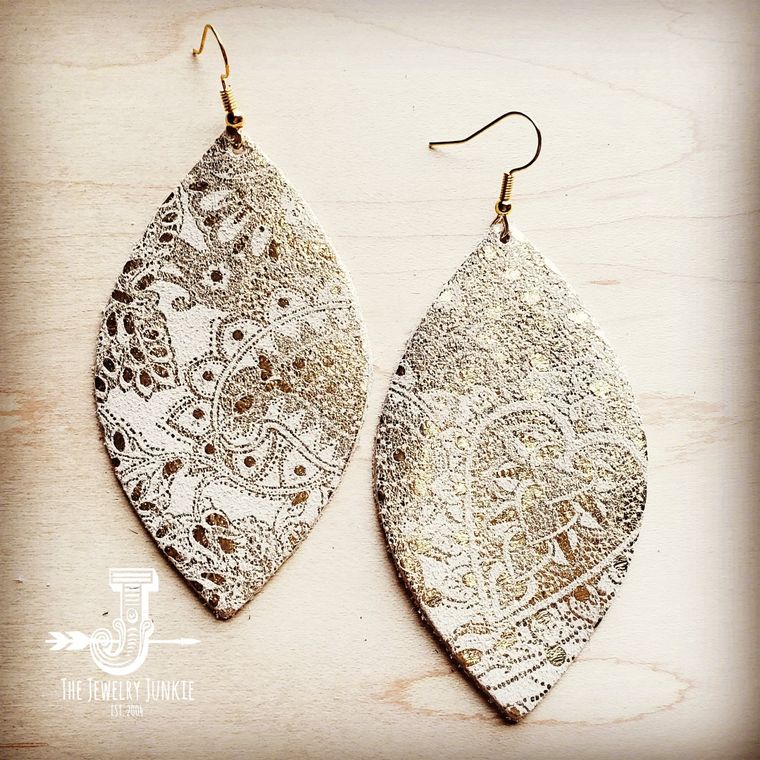 Leather Oval Earrings in White and Gold Paisley - Ruby Rebellion