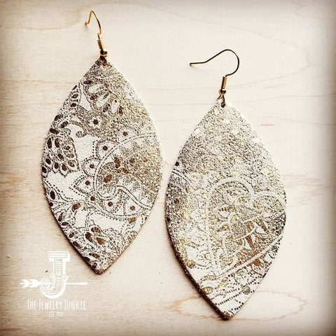 Leather Oval Earrings in White and Gold Paisley