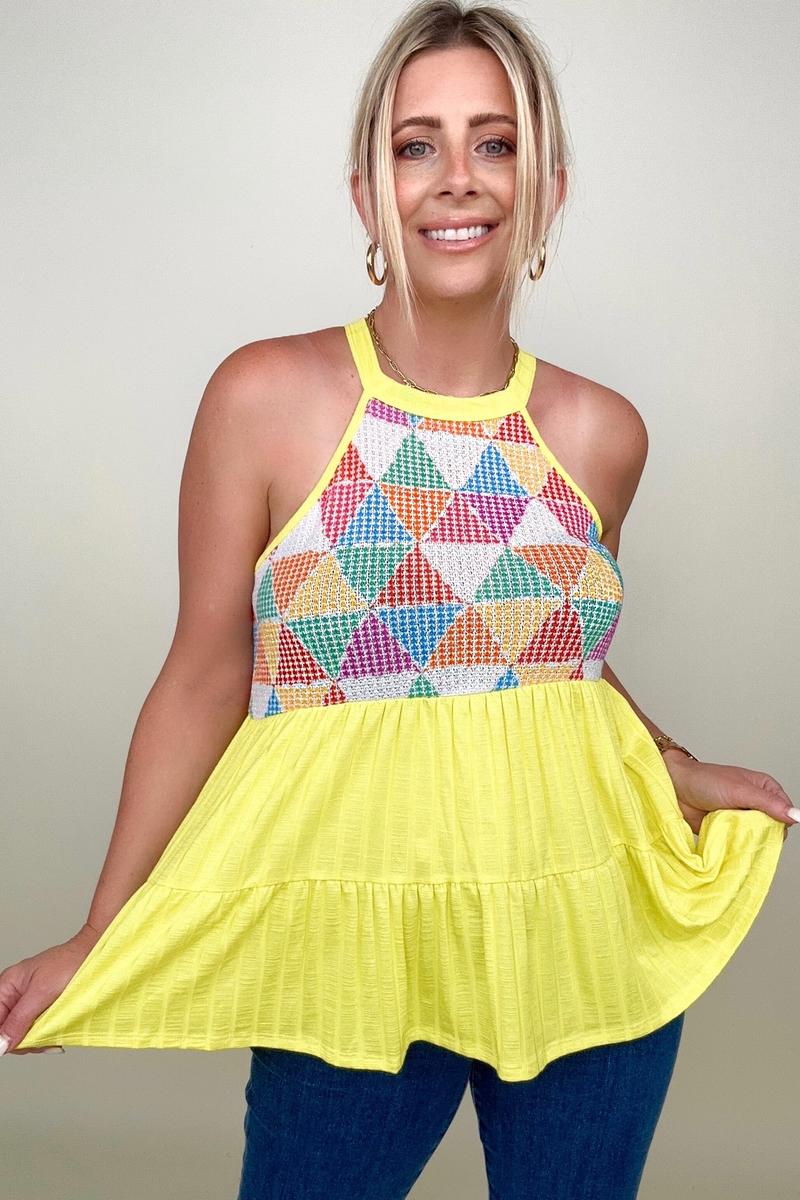 Mellow Yellow Geometric Waffle Knit Babydoll Top