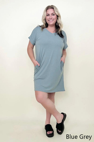 Rolled Short Sleeve V-Neck Tee Shirt Dress with Pockets