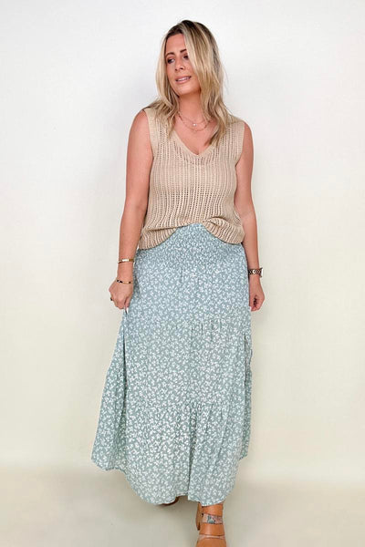 Heyson Smocked Waist Ditsy Floral Midi Skirt with Slit